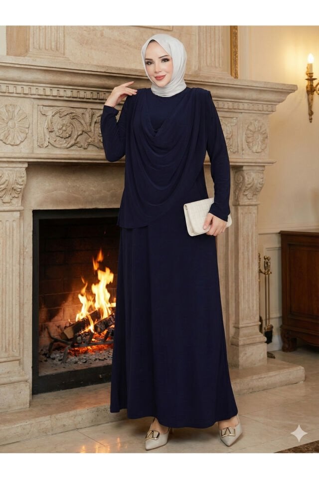Kadın Sandy Lacivert Önü Degaje Detaylı Tesettür Elbise Lacivert - 42
