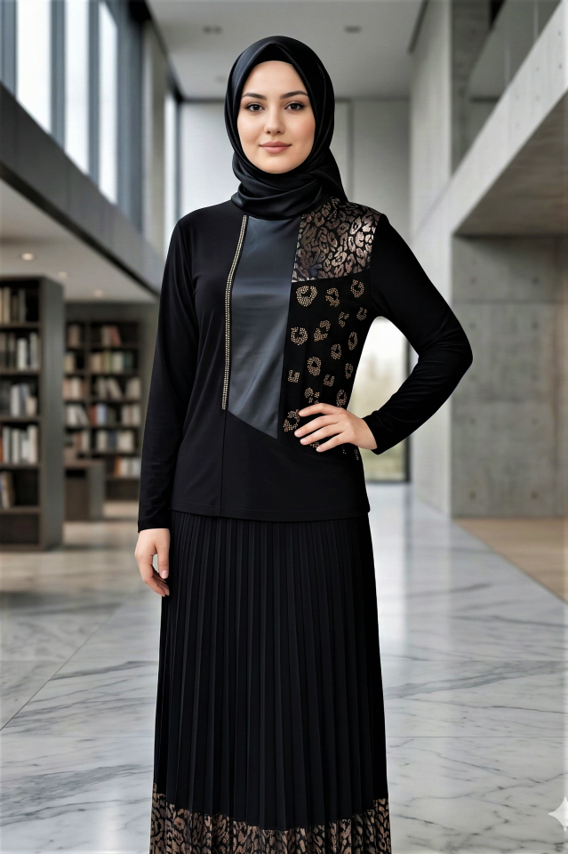 KADIN SANDY TAŞ VE DİJİTAL BASKI DETAYLI TARZ ÖZEL TASARIM DAVET ETEĞİ PİLİSELİ TESETTÜR ETEKLİ TAKIM Haki̇ - 52