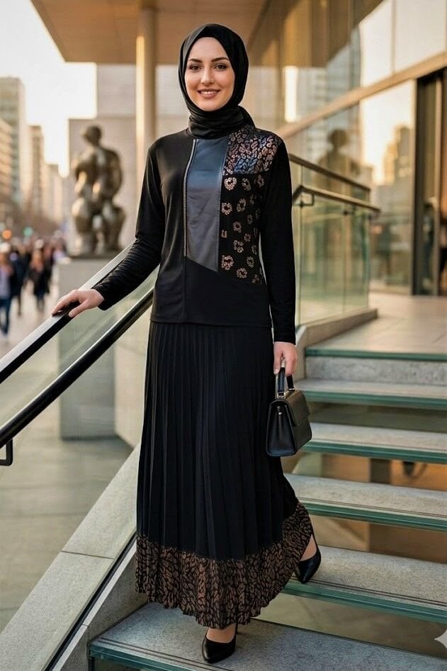 KADIN SANDY TAŞ VE DİJİTAL BASKI DETAYLI TARZ ÖZEL TASARIM DAVET ETEĞİ PİLİSELİ TESETTÜR ETEKLİ TAKIM Haki̇ - 52