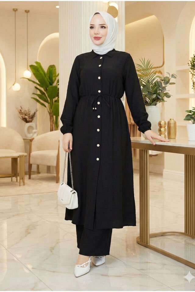 Kadın Kahve Çilek Kumaş Gömlek Yaka Önden Düğmeli Pantolonlu Ikili Tesettür Takım Siyah - 46
