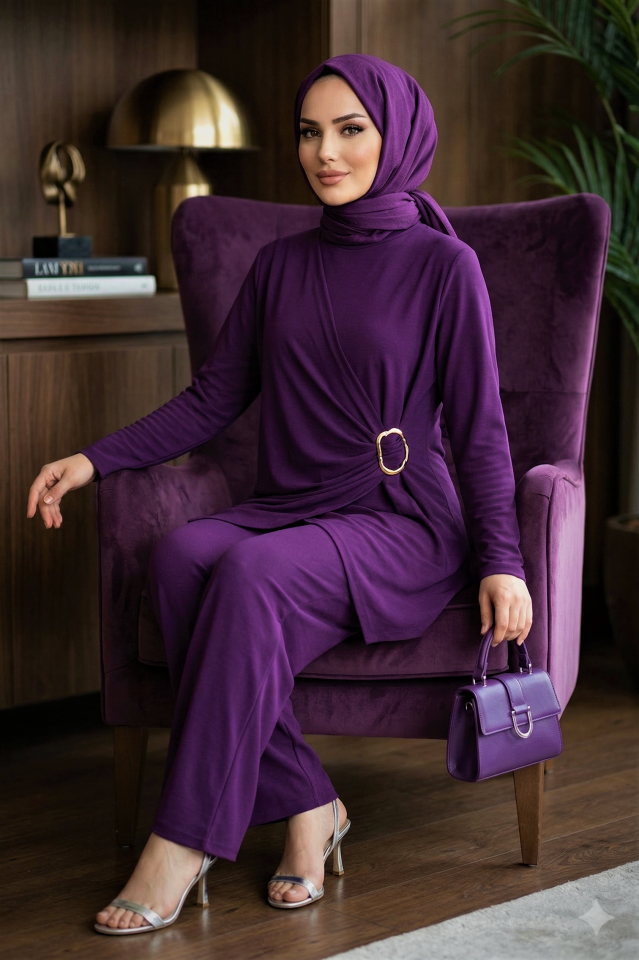 Kadın Sandy Kahverengi Özel Tasarım Yandan Tokalı Bluz Pantolon Tesettür İkili Pantolonlu Takım Mor - 44