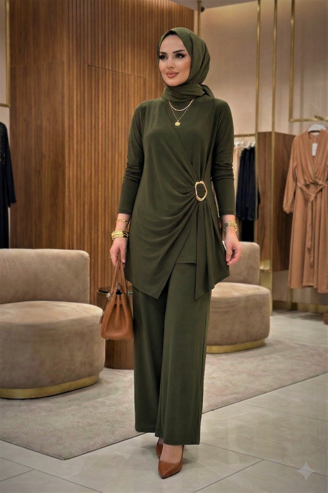 Kadın Sandy Kahverengi Özel Tasarım Yandan Tokalı Bluz Pantolon Tesettür İkili Pantolonlu Takım Haki - 44