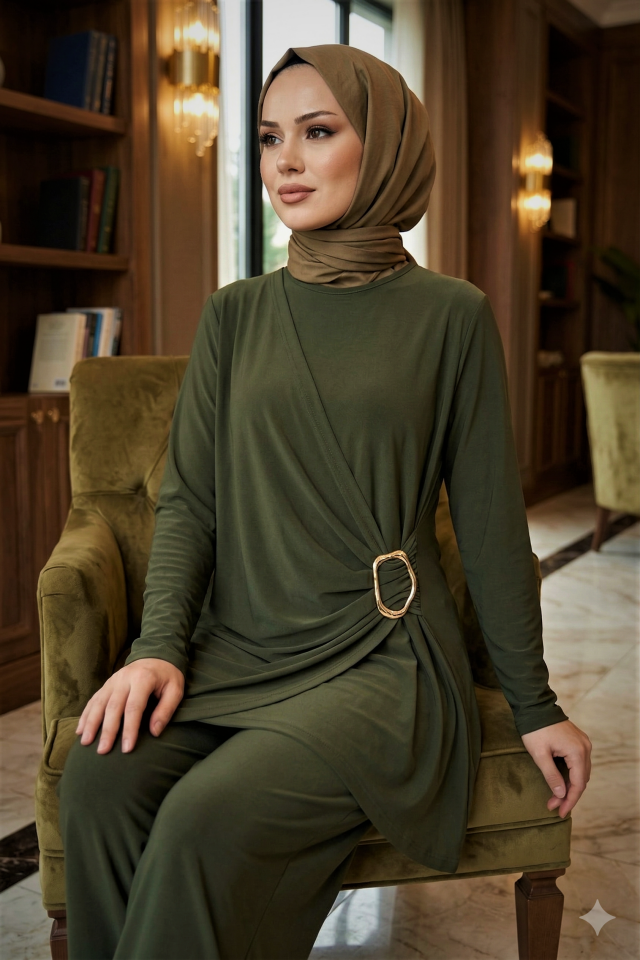 Kadın Sandy Kahverengi Özel Tasarım Yandan Tokalı Bluz Pantolon Tesettür İkili Pantolonlu Takım Haki - 44