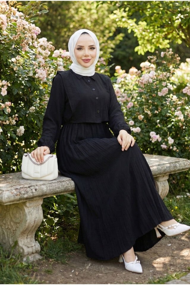 Kadın Taba Gömlek Yaka rahat kalıp Düğmeli Belden Büzgülü çilek Kumaş Tesettür elbise Siyah - 44