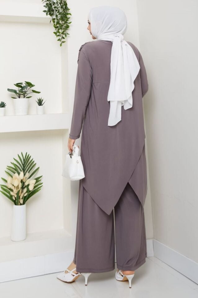 Kadın Bordo Sandy Önü Dökümlü Asimetrik lazer kesim Davet Tarz Tesettür İkili Pantolonlu Takım Vi̇zon - 48