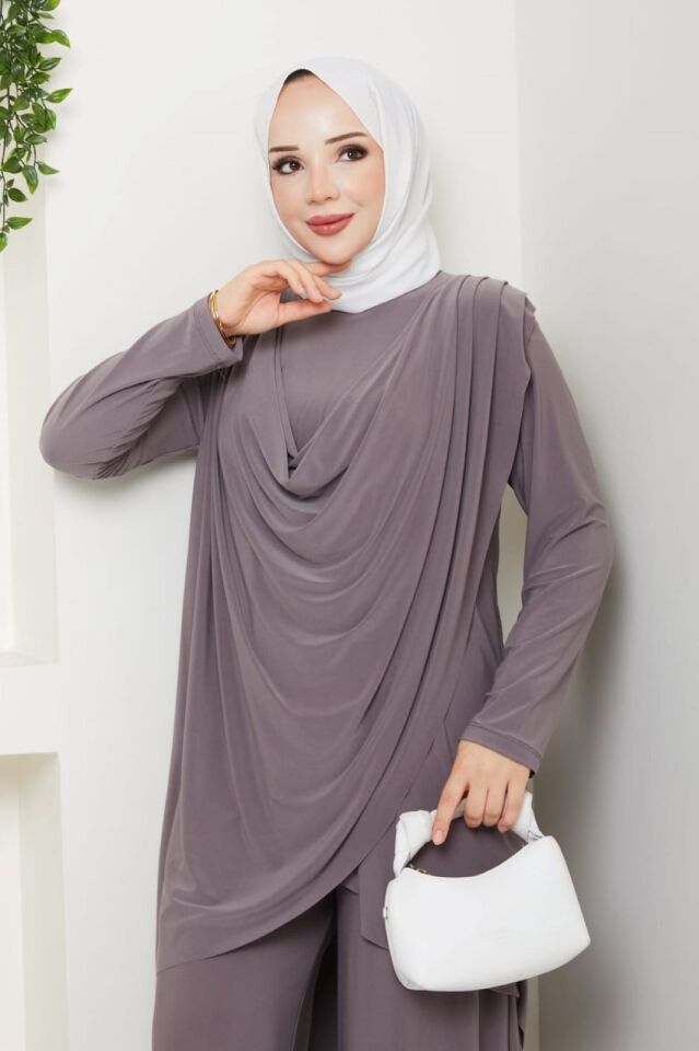 Kadın Bordo Sandy Önü Dökümlü Asimetrik lazer kesim Davet Tarz Tesettür İkili Pantolonlu Takım Vi̇zon - 48