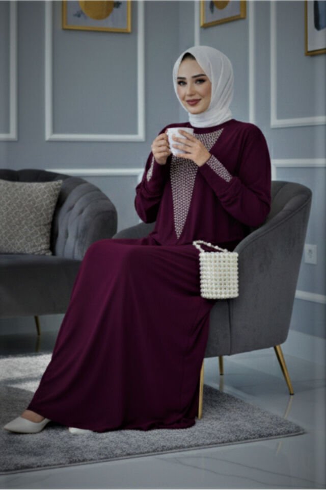 Kadın Vişne Sandy Önü Ve Kol Manşetleri Taşlı Boydan Genç Anne Tesettür Elbise Mor - 42