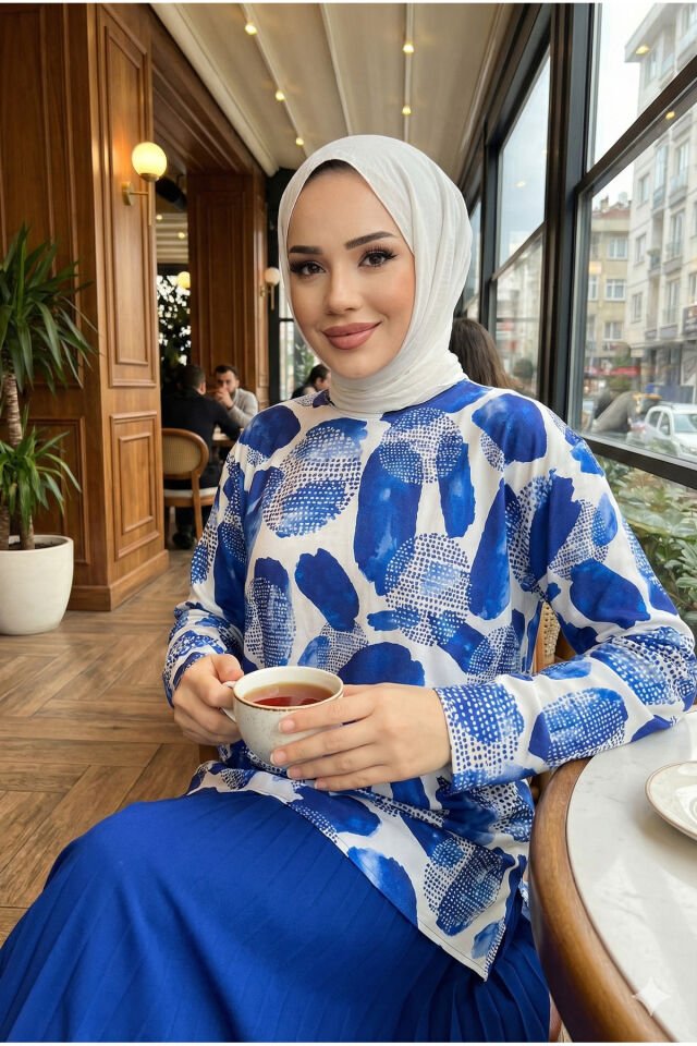 Kadın Sandy saks mavi Dijital Baskı Bluz Pilise Etek İkili Etekli Takım Saks - 42