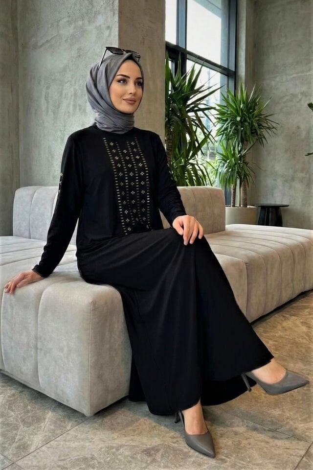 Kadın Sandy Lacivert Önü Ve Kolları Dms Taş Detaylı Büyük Beden Boydan Abiye Tesettür Elbise Si̇yah - 42
