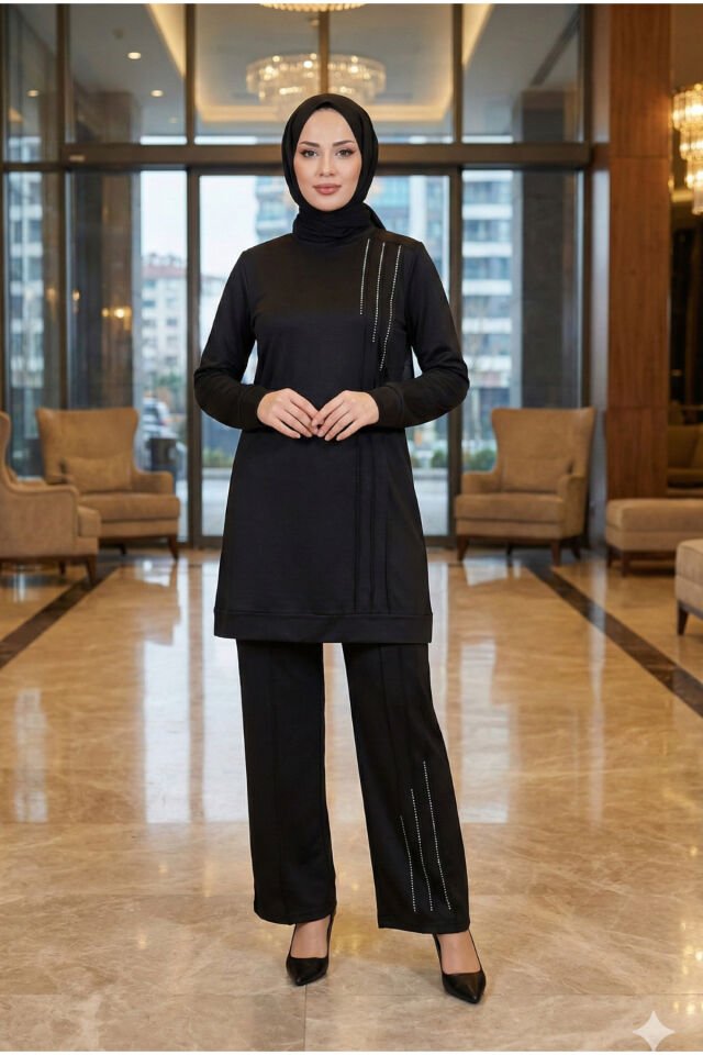 Kadın kahverengi Önü Nervür ve Taş detaylı Anne tesettür Pantolon İkili Takım Si̇yah - 42