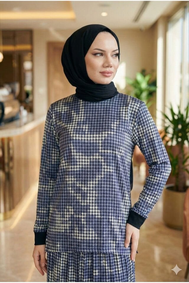 Kadın Füme Önü Desenli Saten 2li Bluz Etek Piliseli Ikili Tesettür Etekli Takım Füme - 42-44