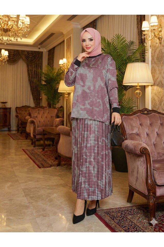 Kadın Füme Önü Desenli Saten 2li Bluz Etek Piliseli Ikili Tesettür Etekli Takım Gül - 42-44