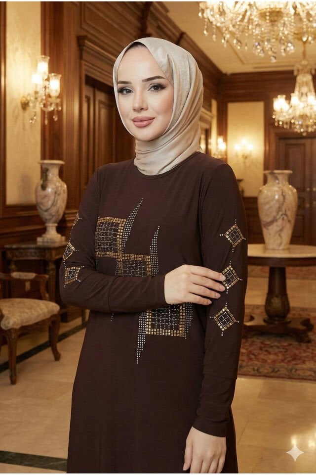 Kadın Sandy Kahverengi Önü Ve Kolları Taş Detaylı Boydan Abiye Büyük Beden Tesettür Elbise Kahve - 44