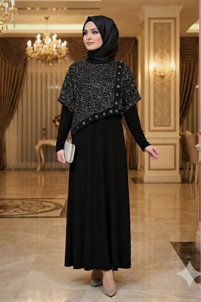 Kadın sandy Kahve Pul Payet Detaylı Bolorolu Tarz Özel Tasarım Davet İkili Tesettür Boydan Elbise Siyah - 48