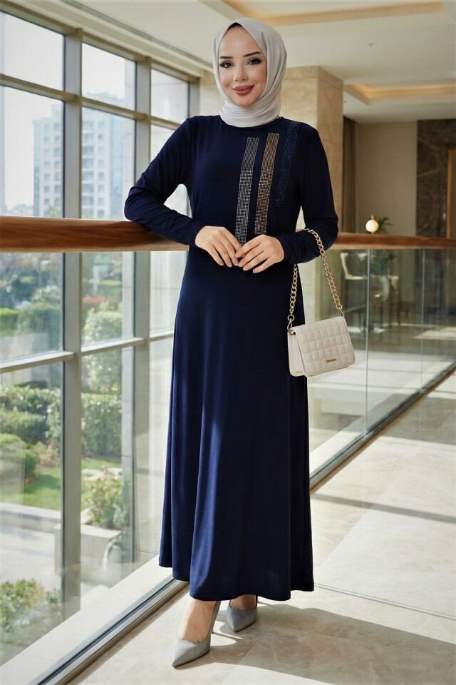 Kadın Siyah Sandy Abiye Büyük Beden Boydan Tarz Davet Özel Önü Taş Detaylı Tesettür Elbise Laci̇vert - 58