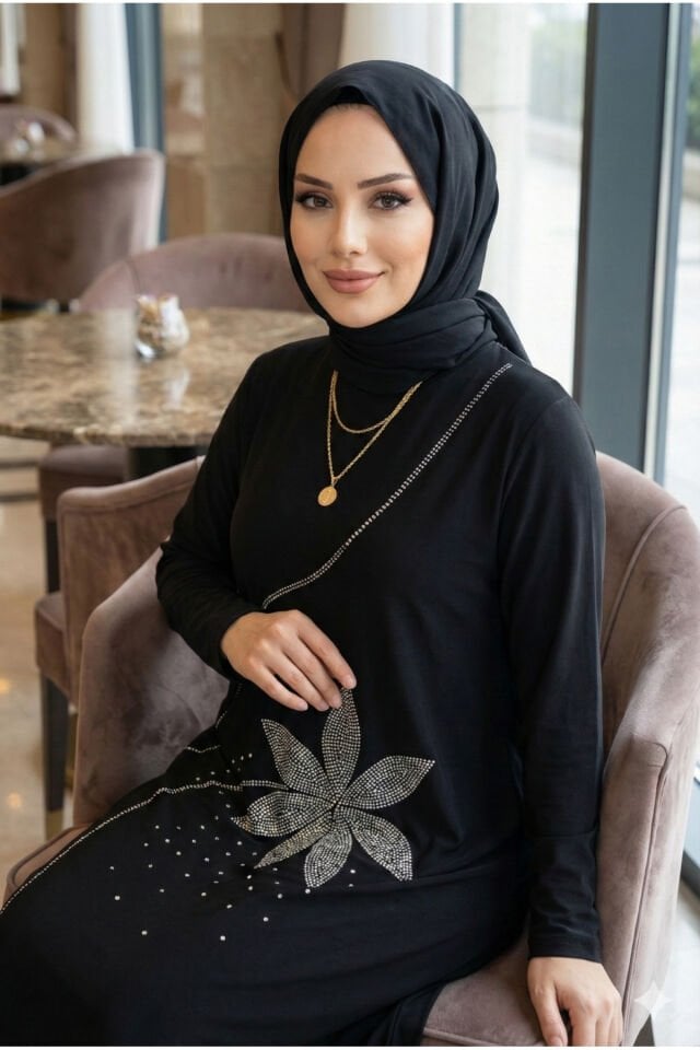 Kadın Sandy lacivert Önü Çiçek Desen DMS Taş Detaylı Tesettür Abiye Elbise Si̇yah - 42