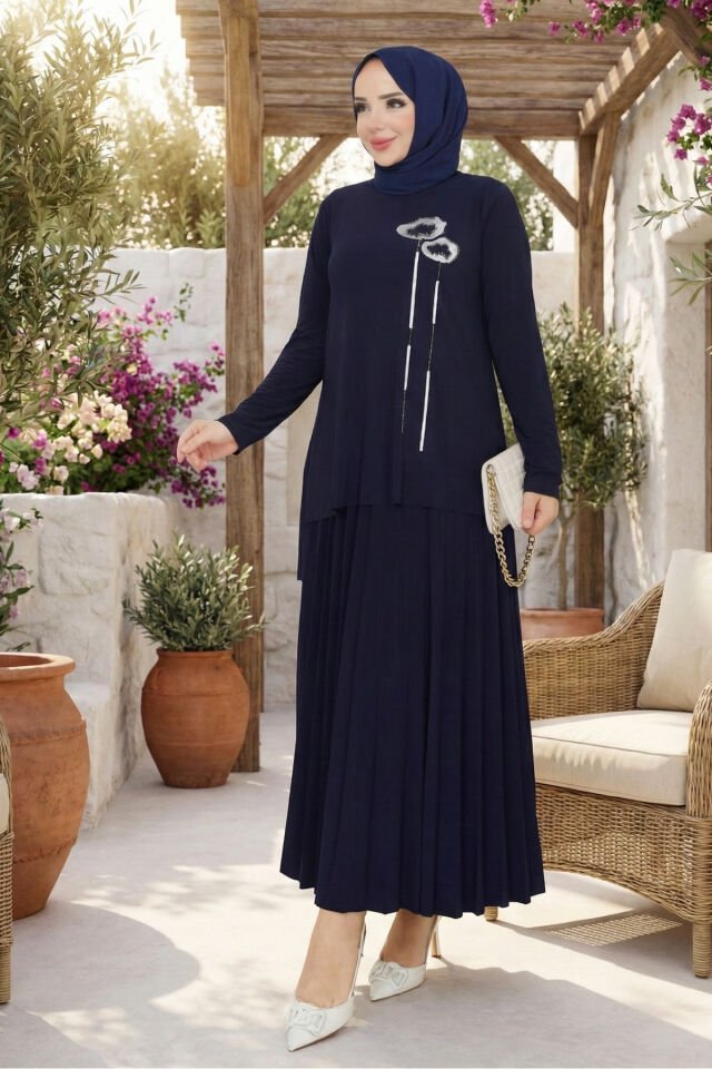 Kadın Sandy Siyah tarz özel davet anne Büyük Beden Piliseli İkili Tesettür Etekli Takım Laci̇vert - 42