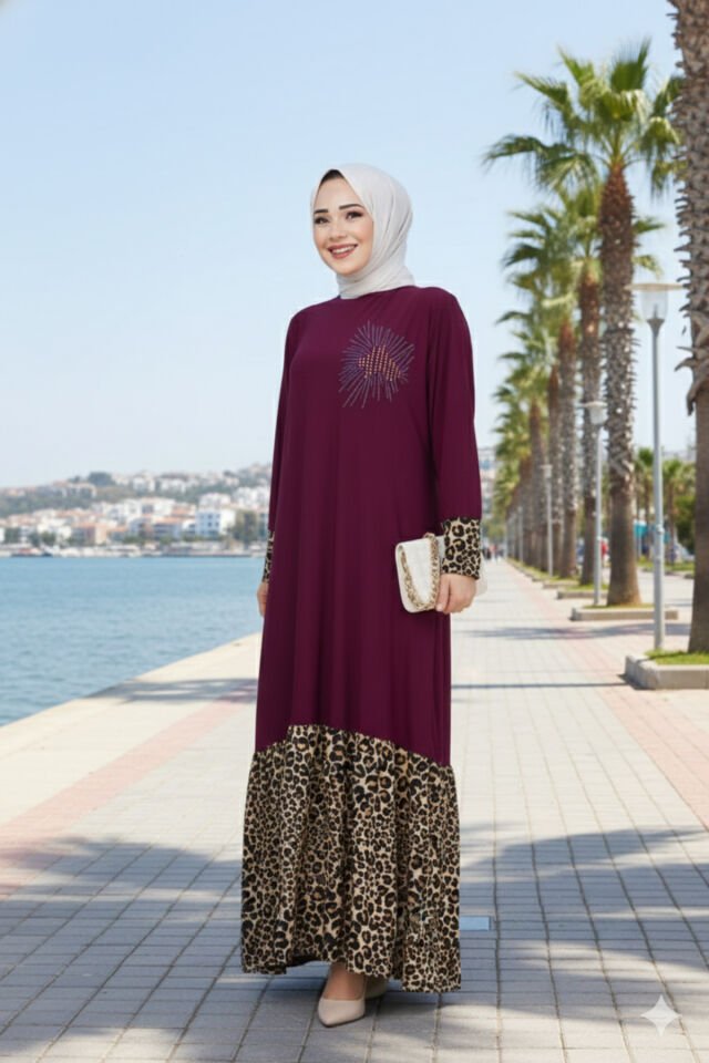 Kadın Kahve Sandy Göğsü Taşlı Kolu Ve Eteği Leopar Garnili Tesettür Uzun Elbise Mor - 42-44