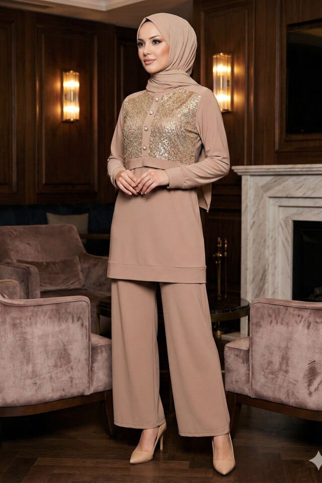 Kadın Sandy Kahve Özel Tarz Davet Tunik Pantolon Pul File Detaylı Tesettür İkili Pantolonlu Takım Taş - 48