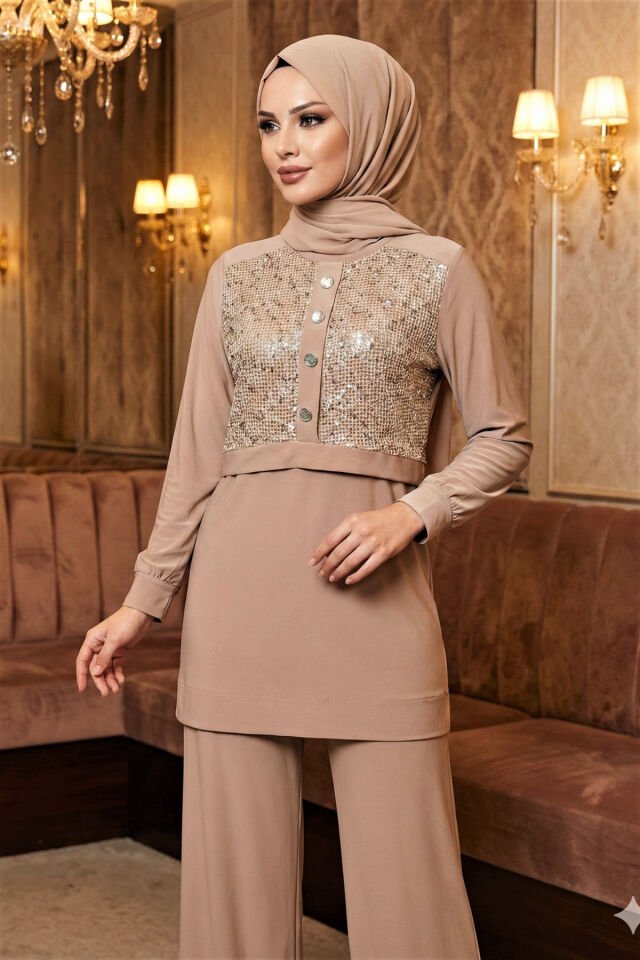 Kadın Sandy Kahve Özel Tarz Davet Tunik Pantolon Pul File Detaylı Tesettür İkili Pantolonlu Takım Taş - 48