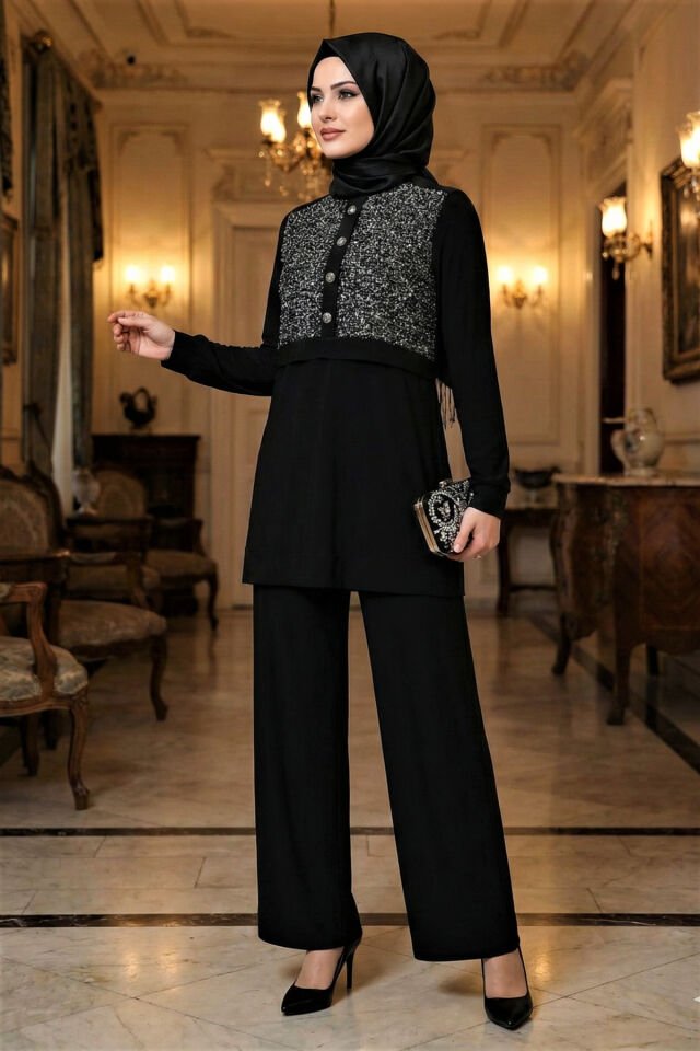 Kadın Sandy Kahve Özel Tarz Davet Tunik Pantolon Pul File Detaylı Tesettür İkili Pantolonlu Takım Siyah - 46