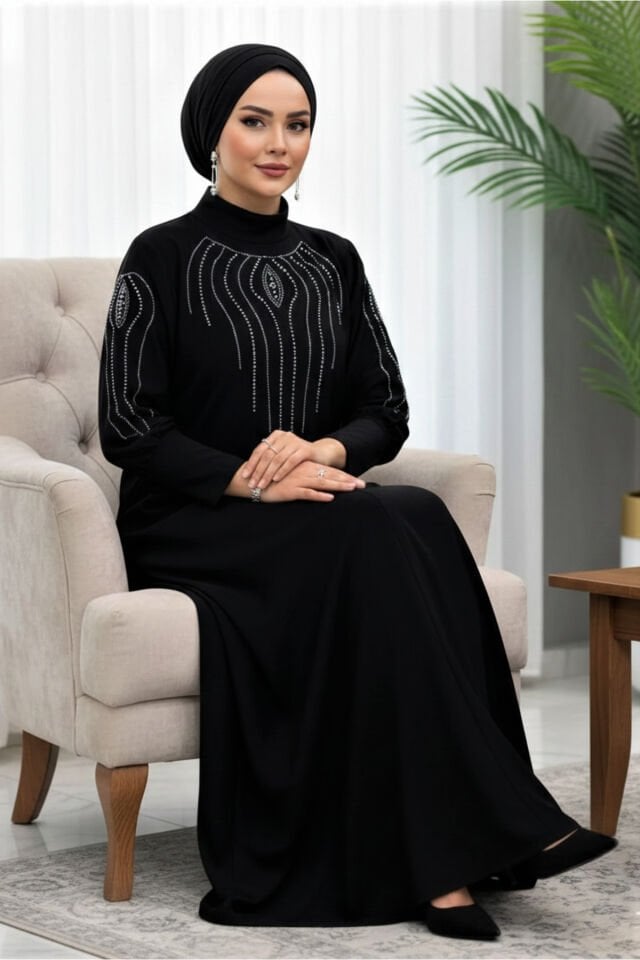 Kadın Sandy Lacivert Büyük Beden Boydan Abiye özel davet Önü Ve Kolları Taş Detaylı Tesettür Elbise Siyah - 58