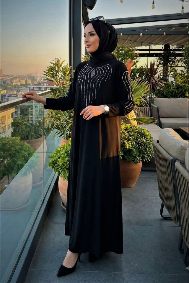 Kadın Sandy Lacivert Büyük Beden Boydan Abiye özel davet Önü Ve Kolları Taş Detaylı Tesettür Elbise Si̇yah - 48