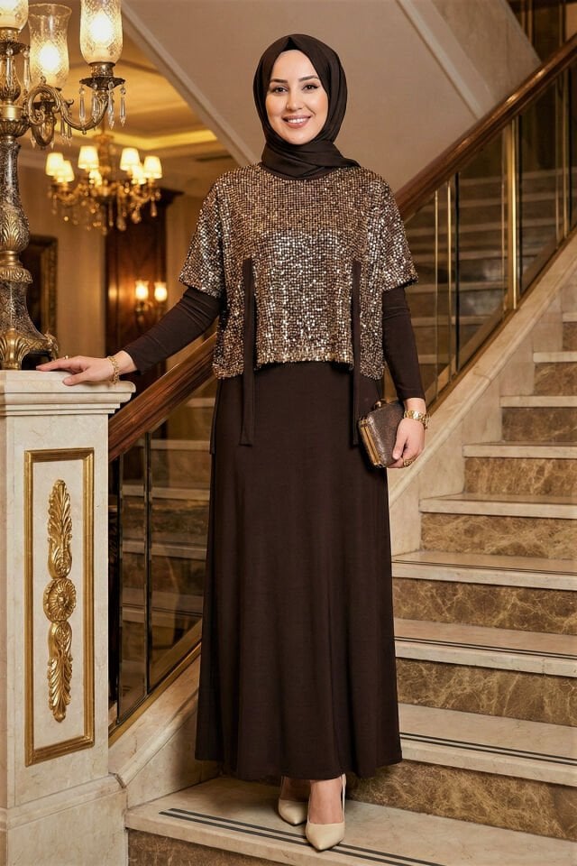 Kadın Sandy Vizon Renk Özel Tasarım Düğün Nişan Tarz Davet İkili Pul File Bolorolu Tesettür Elbise Kahve - 46