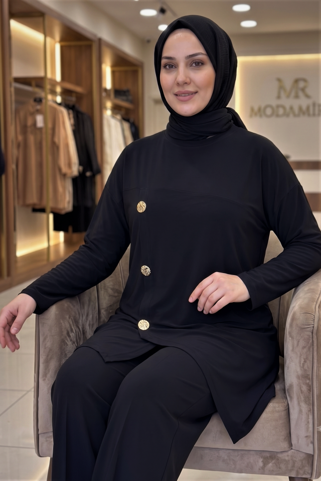 KadınDüğme Detaylı Lazer Kesim Kesim Tunik Pantolon İkili Tesettür Takım Siyah - 44