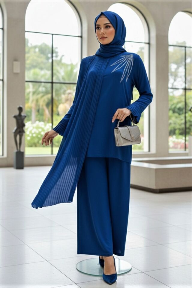 Kadın Sandy İndigo Mavi Taş ve Pilise Detaylı Özel Tasarım Davet Nişan Tesettür Pantolonlu Takım Saks - 42