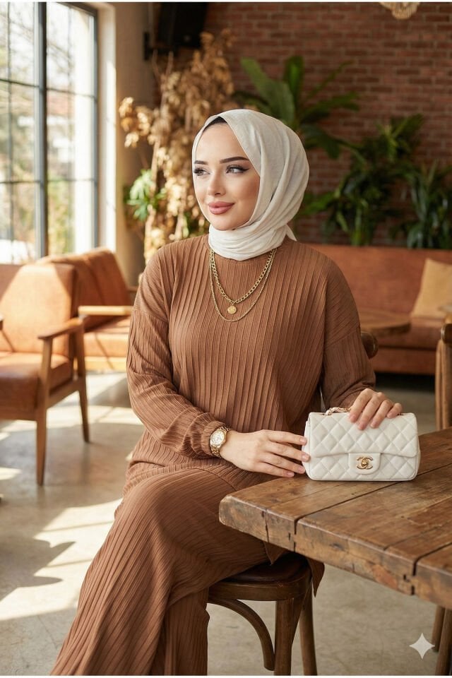 Kadın Sandy mor Komple Piliseli Tunik Pantolon Tesettür İkili Takım Taba - Mstd