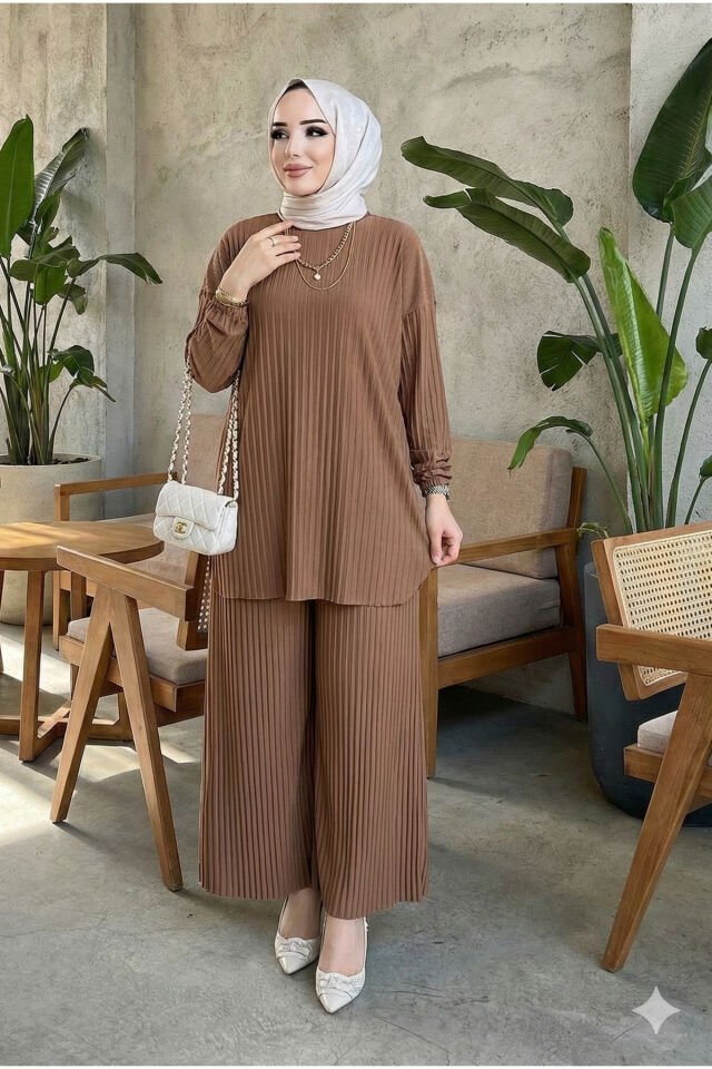 Kadın Sandy mor Komple Piliseli Tunik Pantolon Tesettür İkili Takım Taba - Mstd