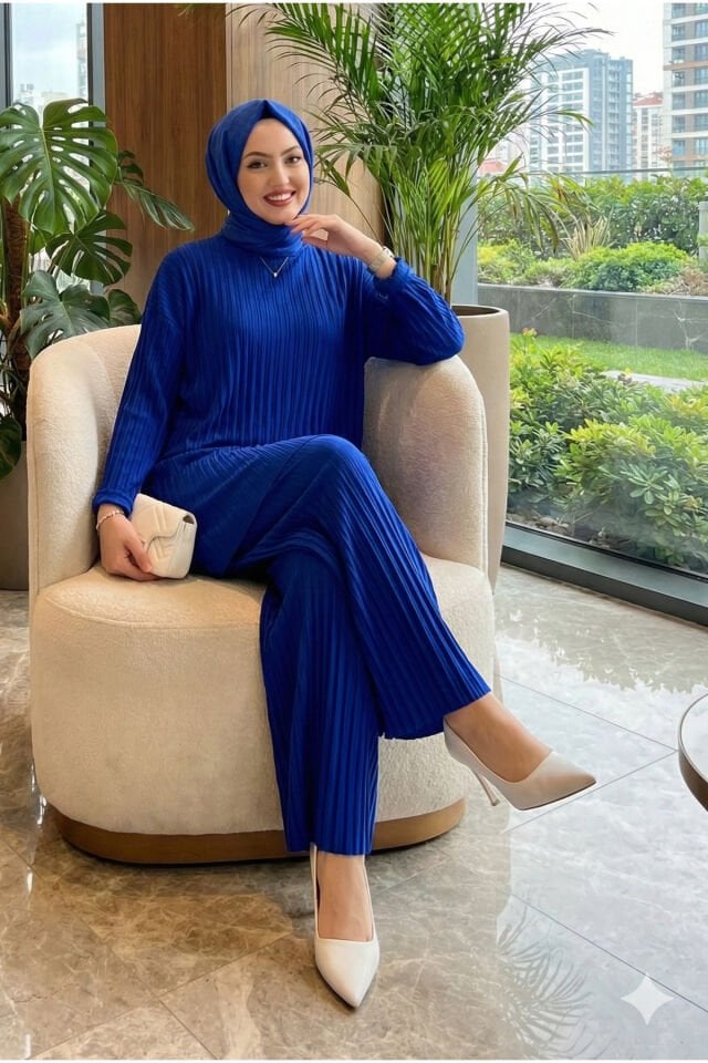 Kadın Sandy mor Komple Piliseli Tunik Pantolon Tesettür İkili Takım Saks - Mstd