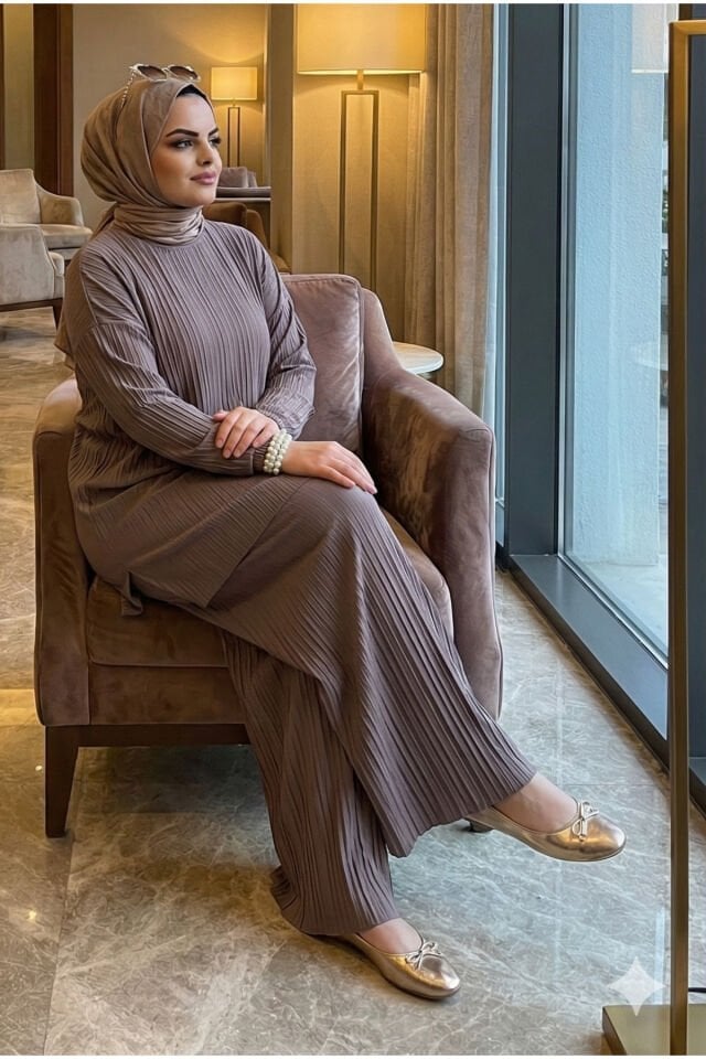 Kadın Sandy mor Komple Piliseli Tunik Pantolon Tesettür İkili Takım Vi̇zon - Mstd