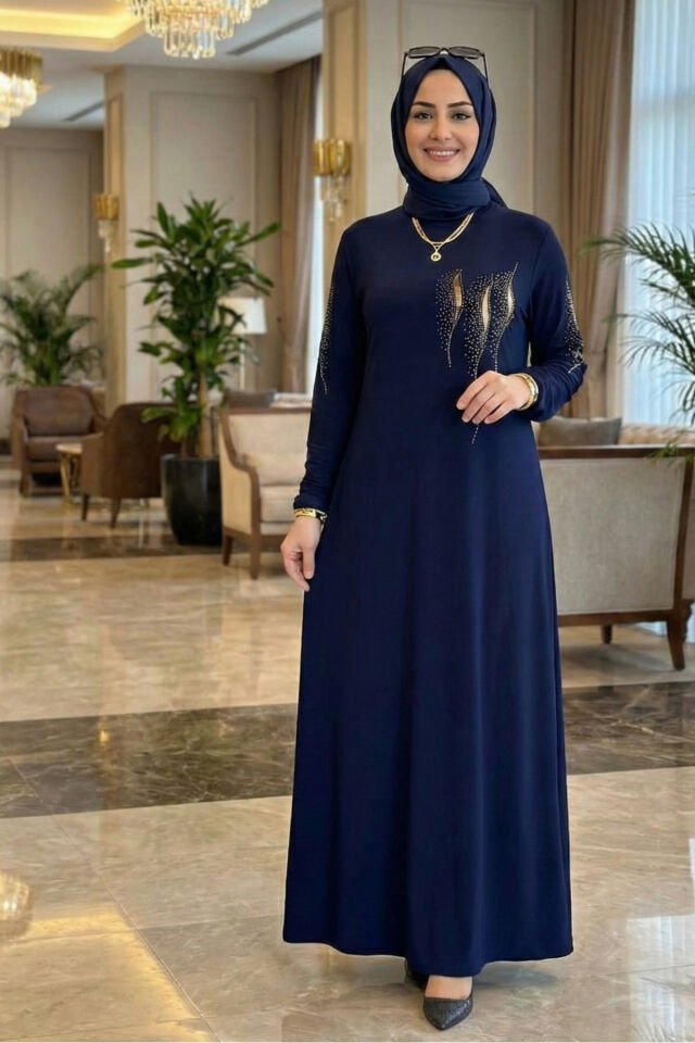 Kadın Pamuk Viskon Kahverengi Boydan Abiye Büyük Beden Kol Ve Önü Taş Detaylı Tesettür Elbise Lacivert - 46