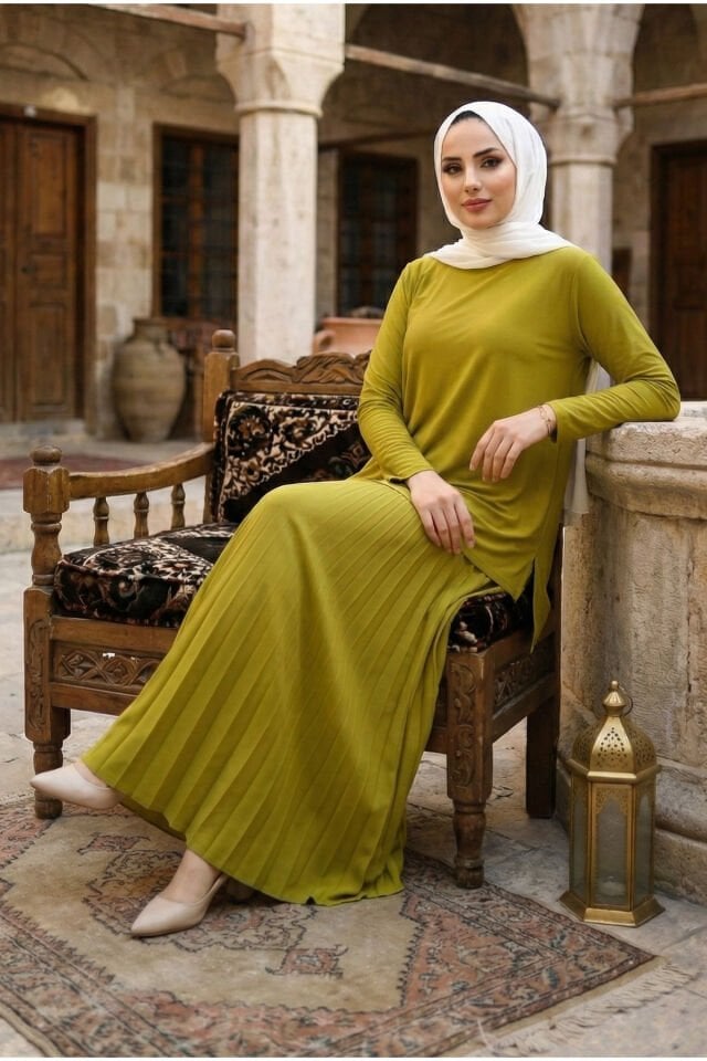 Kadın Sandy Çağla Yeşil Büyük Beden 2li Bluz Etek Piliseli Ikili Tesettür Etekli Takım Yağ Yeşi̇l - 50
