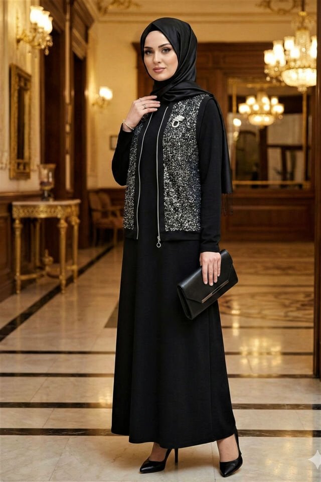 Kadın Pamuk Viskon Siyah İkili Davet Tarz Özel Tasarım Pul Payet Detaylı Tesettür Yelek Elbise Siyah - 42