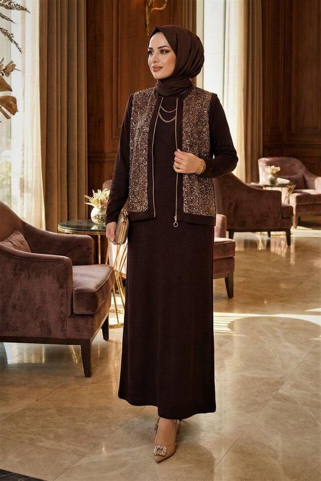 Kadın Pamuk Viskon Siyah İkili Davet Tarz Özel Tasarım Pul Payet Detaylı Tesettür Yelek Elbise Kahverengi - 46