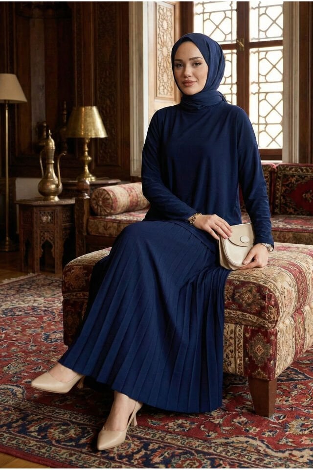 Kadın Sandy Çağla Yeşil Büyük Beden 2li Bluz Etek Piliseli Ikili Tesettür Etekli Takım Laci̇vert - 50