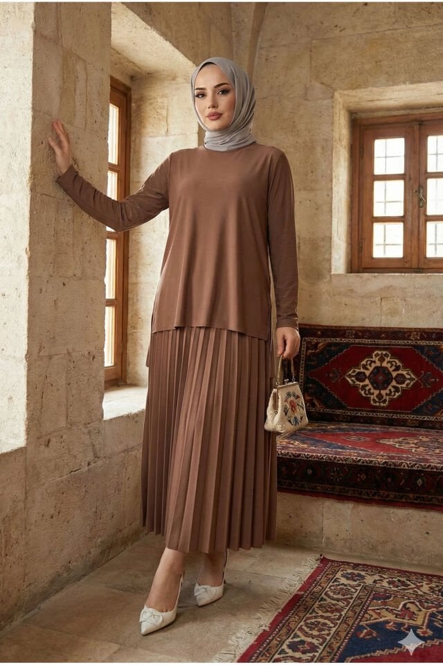 Kadın Sandy Çağla Yeşil Büyük Beden 2li Bluz Etek Piliseli Ikili Tesettür Etekli Takım Taba - 48