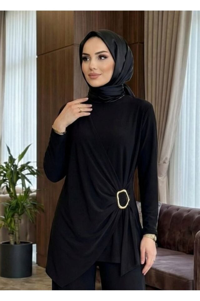 Kadın Sandy Kahverengi Özel Tasarım Yandan Tokalı Bluz Pantolon Tesettür İkili Pantolonlu Takım Si̇yah - 46