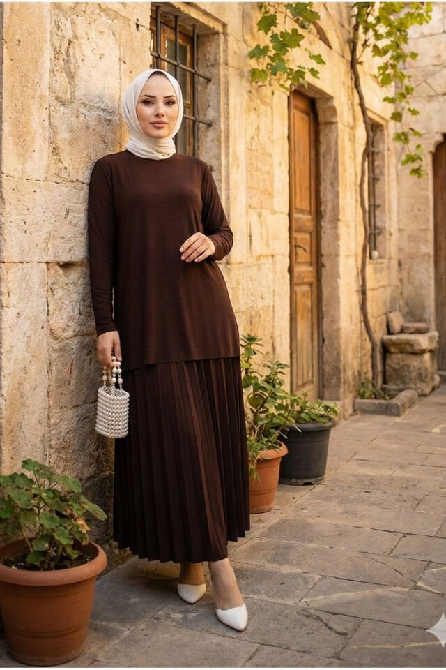 Kadın Sandy Çağla Yeşil Büyük Beden 2li Bluz Etek Piliseli Ikili Tesettür Etekli Takım Kahve - 54