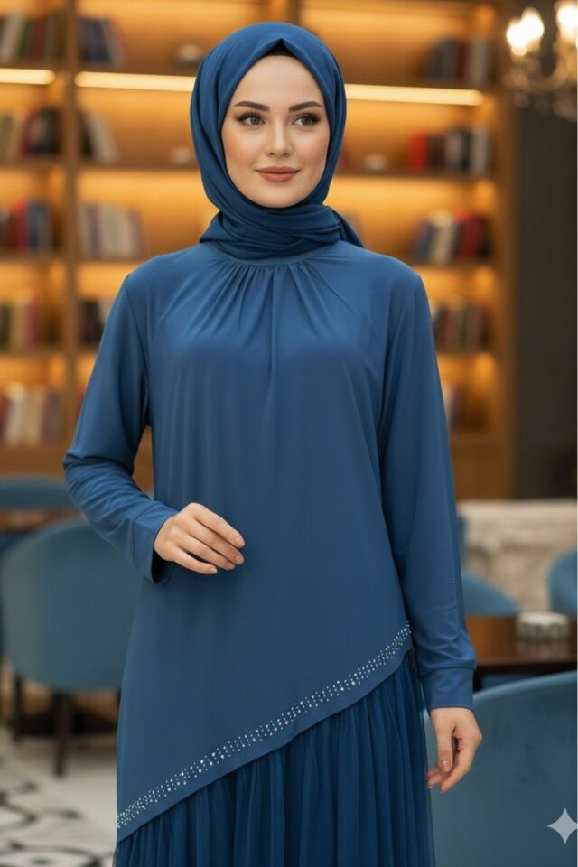 Kadın Sandy Kahve Tunik Tül ve Taş Detaylı Tarz Davet Özel Tasarım İkili Tesettür Pantolonlu Takım İndi̇go - 48