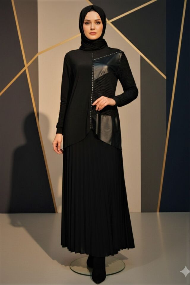 Kadın Sandy Siyah Deri Taş ve File detaylı Bluz Tarz Davet Özel Tasarım Piliseli Etek İkili Takım Si̇yah - 46