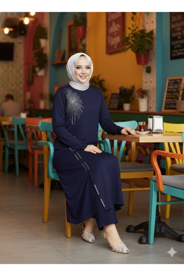 Kadın Siyah Kristal Pamuk Viskon Abiye DMS Taş Detaylı Tesettür Tunik Pantolon İkili Takım Lacivert - 46