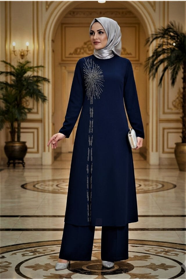 Kadın Siyah Kristal Pamuk Viskon Abiye DMS Taş Detaylı Tesettür Tunik Pantolon İkili Takım Lacivert - 46