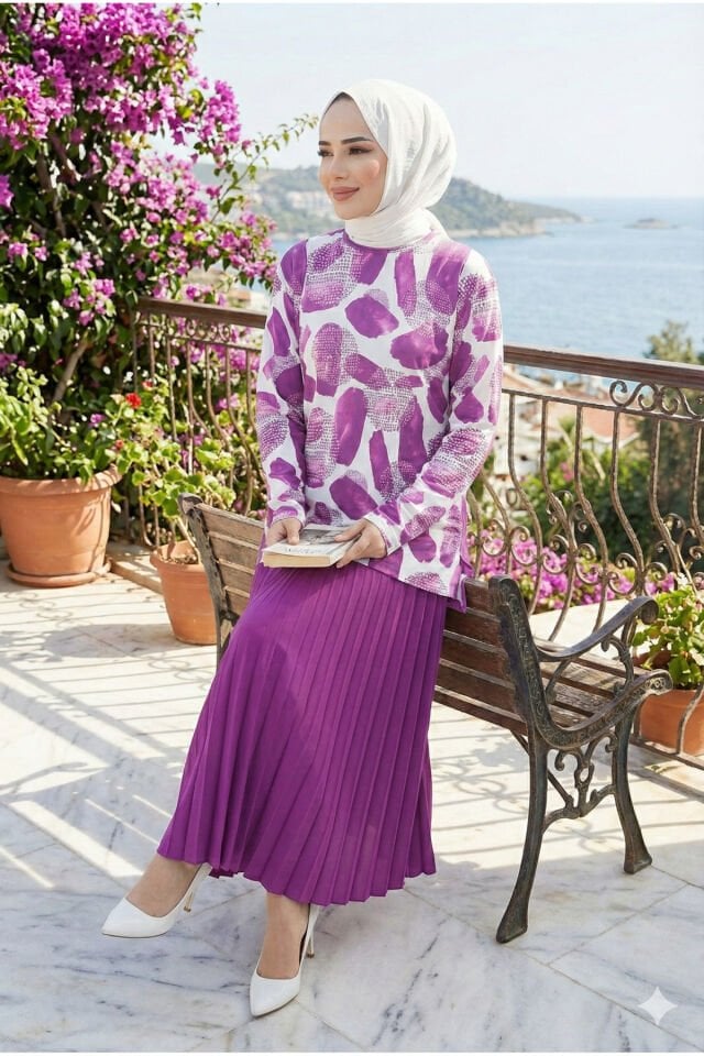 kadın sandy 2li eteği piliseli ikil tesettür etekli takım Pembe - 48