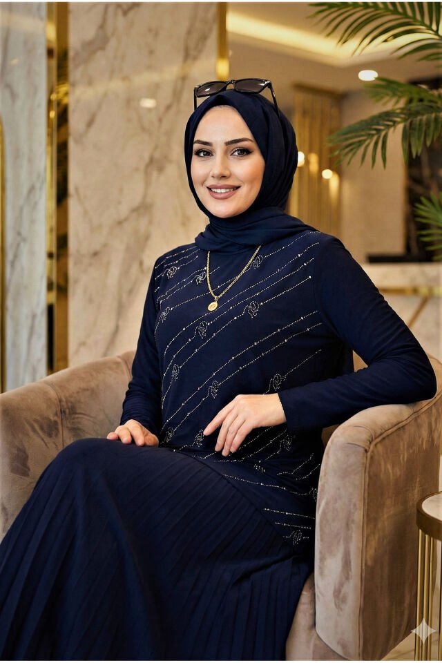 Kadın Sandy Siyah Tarz Özel Davet Bluz Taş Detaylı Eteği Piliseli İkili Tesettür Etekli Takım Laci̇vert - 48