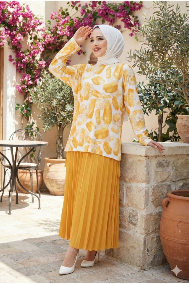 kadın sandy 2li eteği piliseli ikil tesettür etekli takım Kayısı Sarı - 44
