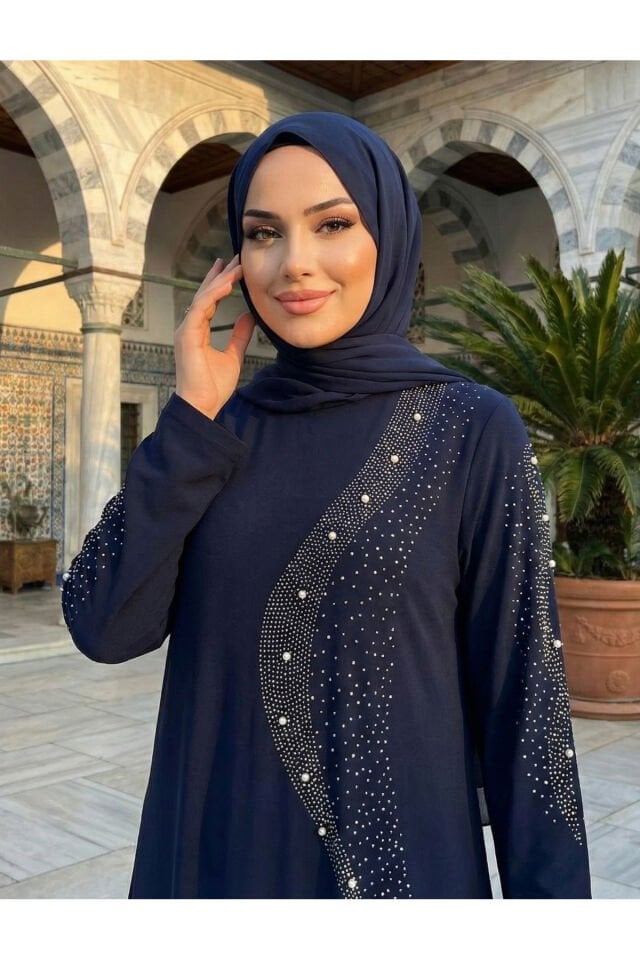 KADIN LACİVERT KRİSTAL PAMUK VİSKON ABİYE TAŞ YAPIŞTIRMA TESETTÜR ELBİSE Lacivert - 42